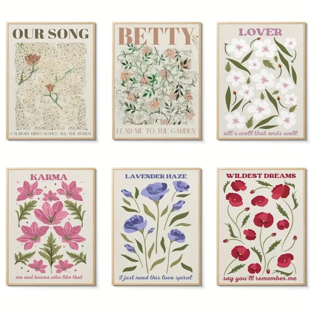 💛6pcs Vintage Flower Poster Set Aesthetics Music Decor Print Taylor - Unframed